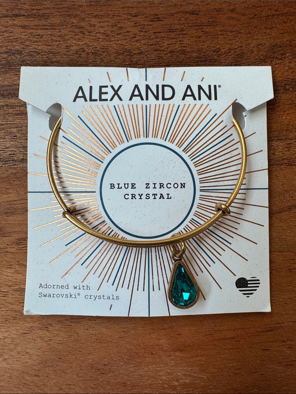 Alex and Ani Gold Bangle with Teardrop Blue-Green Zircon Crystal